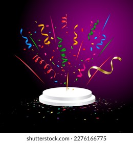 Celebration confetti with podium platform, colorful confetti transparent background