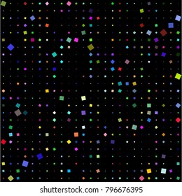 Celebration confetti vector background. Colored abstract geometrical texture. Scatter of squares on black. Dynamic vibrant vector for holiday, celebration decorations, paper packaging, textile  design