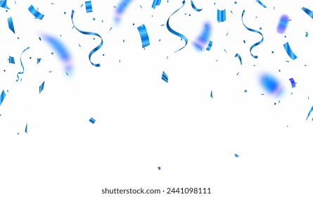 Vector de confeti de celebración. Brillantes piezas de papel azul brillante vuelan y se dispersan alrededor. Mejor explosión sorpresa para decoración festiva, carnaval, casino, fiesta, cumpleaños y aniversario. anuncios. etc.