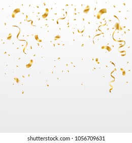 Celebration & Congratulations Background With Golden Tiny Confetti And Streamer Ribbons. Vector