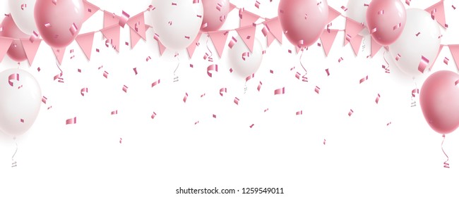 Celebration cute pink background with balloons, flag garland and foil confetti
