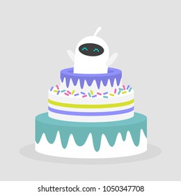 Celebration. Cute white robot jumping out of the cake / flat editable vector illustration, clip art