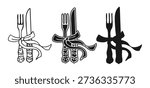 Celebration cutlery set fork and knife tied by ribbon bow. Elegant hand drawn sketch line art and silhouette style, festive dining mood, minimalist tableware kitchen graphic symbols illustration