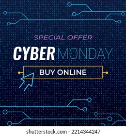 Celebration cyber monday sale promotion discount background with circuit board decoration.