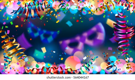 Celebration. Dark blue holiday background with colorful shining bokeh and serpentine. 10 EPS