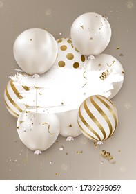 Celebration design with air balloons. Anniversary. Happy birthday greeting card, template for sales, promotion, invitation. Vector.
