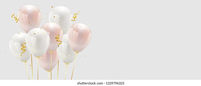 Celebration design with baloon color pink and white, confetti and gold ribbons. luxury greeting rich card.