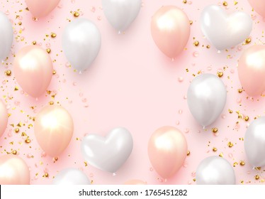 Celebration design with baloon, color pink and white, studded with gold sparkles and glitter confetti. Background with festive realistic balloons with ribbon. Celebrate birthday template