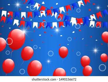 Celebration design with colorful flag and red balloons. Colorful buntings vector design.