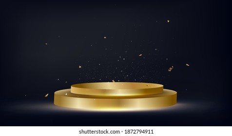 Celebration design with golden podium on a black background.Anniversary. Happy birthday greeting card. Vector.