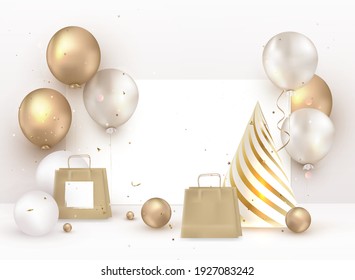 Celebration design with helium balloons, gift, package.Scene mockup. Anniversary. Happy birthday greeting card, template for sales, promotion, invitation.Vector.