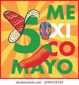 Celebration design for the May 5th battle in Mexico and the city is Puebla, details such as skulls, chili peppers, colorful hats and sarapes, reflecting part of the Mexican culture.