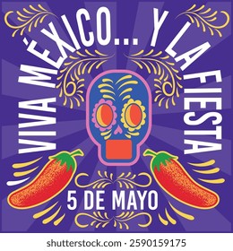 Celebration design for the May 5th battle in Mexico and the city is Puebla, details such as skulls, chili peppers, colorful hats and sarapes, reflecting part of the Mexican culture.