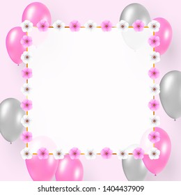 Celebration design on light background. Festive concept with flying pink and silver balloons. Transparent white empty space for the text in gold floral decorated frame.