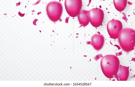 Feierlichkeiten mit rosafarbenen Ballons. Vektorillustration mit schönen Konfetti.