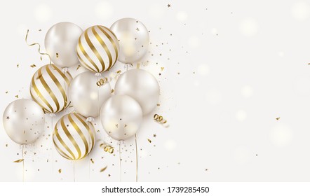 Celebration design with white helium balloons on a white. Anniversary. Happy birthday greeting card, template for sales, promotion, invitation.Vector.