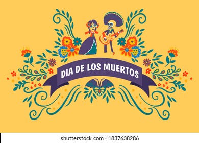 Celebration of Dia de los muertos, mexican holiday day of the dead. Poster with musicians wearing costumes of skulls. Banner with decorative flowers and foliage ornaments, vector in flat style