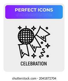 Celebration, disco ball and garland, party decoration thin line icon. Event service. Modern vector illustration.