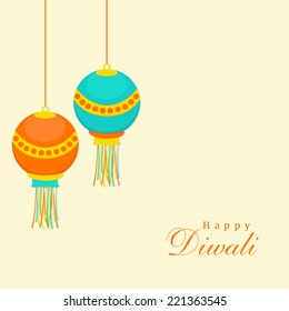 Celebration of Diwali with hanging and stylish text of Happy Diwali.