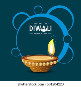 Celebration of Diwali with illuminated oil lit lamp and stylish text of Happy Diwali.