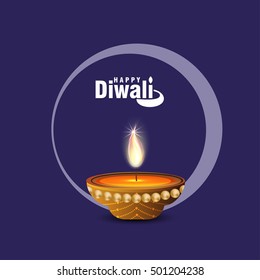 Celebration of Diwali with illuminated oil lit lamp and stylish text of Happy Diwali.