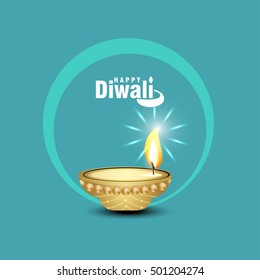 Celebration of Diwali with illuminated oil lit lamp and stylish text of Happy Diwali.