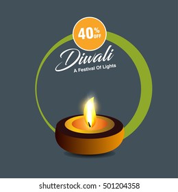 Celebration of Diwali with illuminated oil lit lamp and stylish text of Happy Diwali.