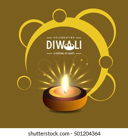 Celebration of Diwali with illuminated oil lit lamp and stylish text of Happy Diwali.