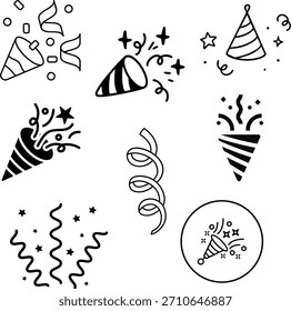 Conjunto de iconos de Doodle de celebración: Poppers, confeti y sombreros de fiesta dibujados a mano en arte de línea negra