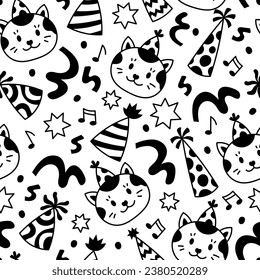 Celebration doodle seamless pattern with cat. Birthday, Holiday, Party, Pet endless background with confetti, stars, music. Black and white vector illustration.