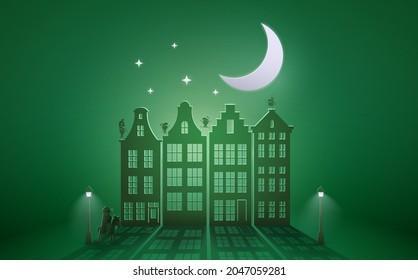 Celebration Dutch holidays - Saint Nicholas or Sinterklaas in front of city at night - green paper graphic