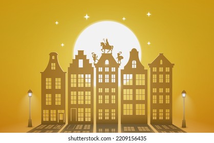 Celebration Dutch holidays - Saint Nicholas or Sinterklaas is coming to town at night - paper art graphic