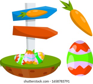 Celebración de Pascua. Conjunto de huevos pintados de color y zanahoria. Elemento de juego infantil. Dibujo plano de caricatura. Planta para encontrar objetos. Firme el puntero para enrutar. Fiesta cristiana