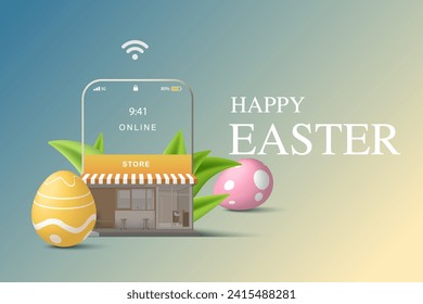 celebration easter shopping online concept. Easter eggs with smartphone.