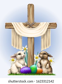 Celebration of Easter. Wooden cross with a cloth, rabbits, daffodils and colored eggs on the grass. Hand-drawn, artistic image of Easter elements on a white background.