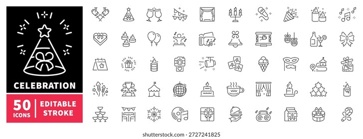 Celebration editable line icons set: party, festive, and holiday symbols