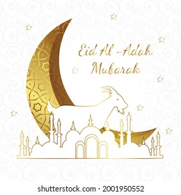 Celebration of Eid al- Adah on the golden, white background. Moon in golden color. Goat and mosque in golden outline format