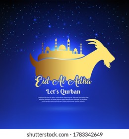 Celebration Eid al adha design with starry night background and shinny crescent moon and goat. Mubarak islamic festival background