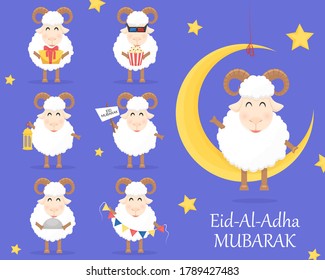 Celebration Eid Al Adha Mubarak with sheep on blue background. Use for banner, poster, flyer, brochure sale template. Vector illustration