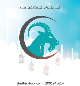 Celebration of Eid al-Adah. Background is decorated with blue color goat, brown color moon and lantern and white color mosque