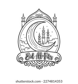 Celebration of Eid al-Fitr, featuring a mosque and a crescent moon depicted in a minimalist line art style