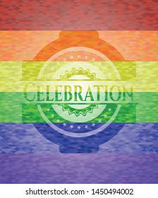 Celebration emblem on mosaic background with the colors of the LGBT flag