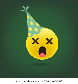 Celebration Emoji. Party face emoji - yellow face with a party hat blowing a party horn as confetti floats around its head.