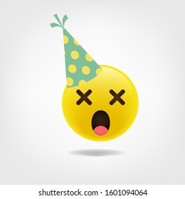 Celebration Emoji. Party face emoji - yellow face with a party hat blowing a party horn as confetti floats around its head.