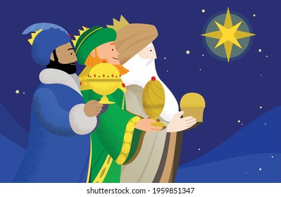 Celebration of Epiphany vector illusration. The Three Wise Men or the Three Kings or the Three Magi following the star of Bethlehem bearing gifts. Episode from the Bible. Melchior, Caspar, Balthazar.
