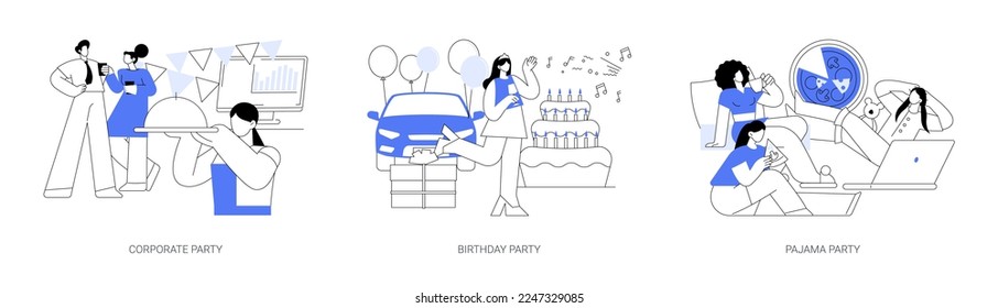 Celebration event abstract concept vector illustration set. Corporate and Birthday party, pajama night, friends sleepover, greeting card, kids having fun, team building, decoration abstract metaphor.