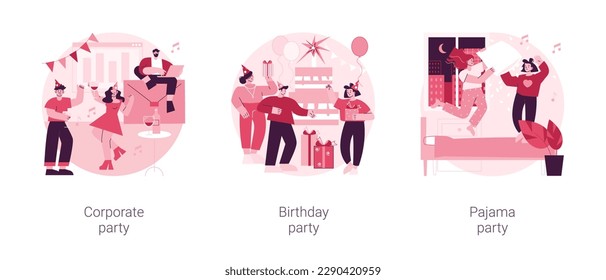 Celebration event abstract concept vector illustration set. Corporate and Birthday party, pajama night, friends sleepover, greeting card, kids having fun, team building, decoration abstract metaphor.