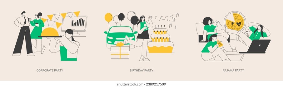 Celebration event abstract concept vector illustration set. Corporate and Birthday party, pajama night, friends sleepover, greeting card, kids having fun, team building, decoration abstract metaphor.