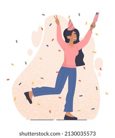 Celebration event abstract concept. Young woman in festive hat dancing, laughing and having fun surrounded by confetti. Birthday, holiday surprise or anniversary. Cartoon flat vector illustration