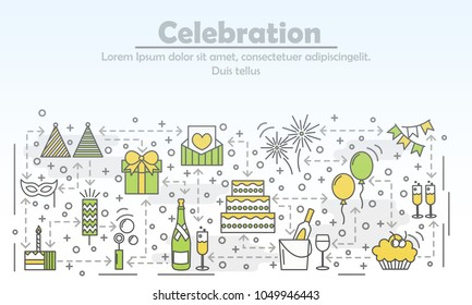 Celebration event agency advertising vector illustration. Modern thin line art flat style design element with happy birthday and wedding symbols, icons for website banners and printed materials.